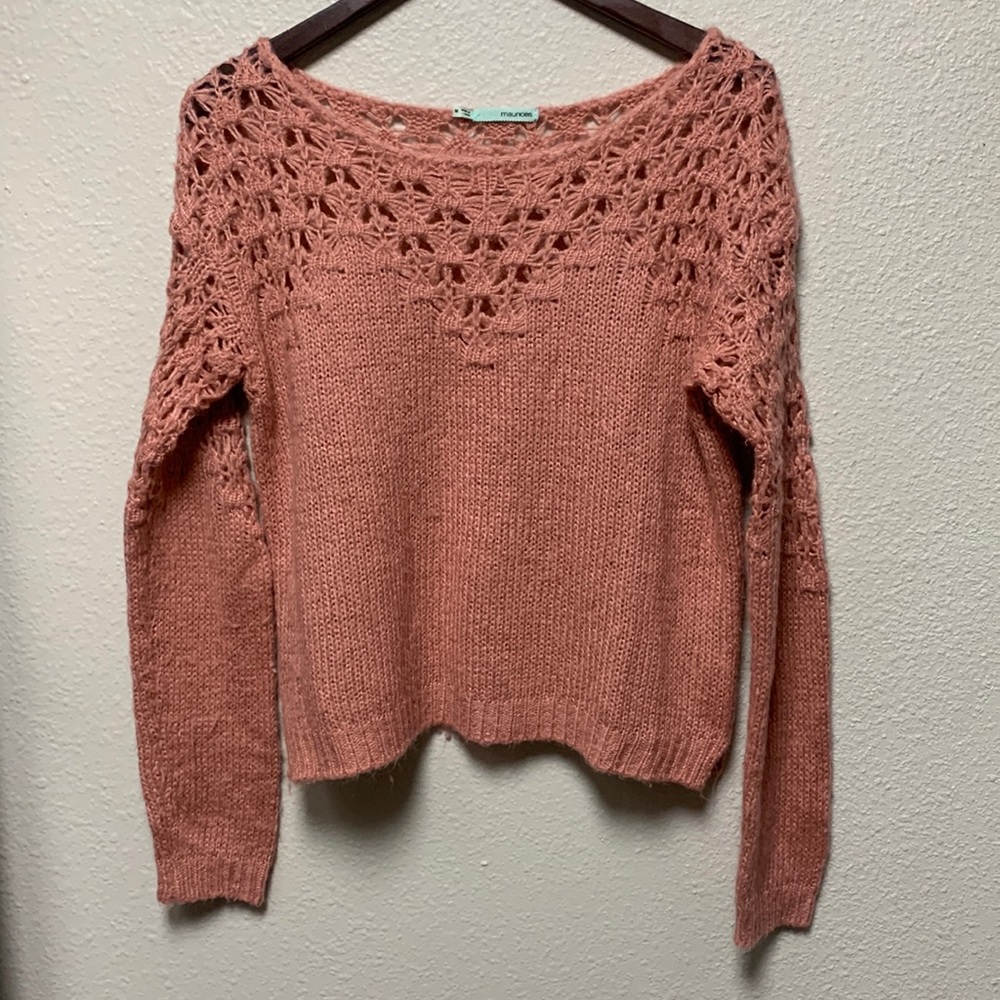 Boho chic blush pink open knit contrast design beautiful boho sweater Sz M cozy
